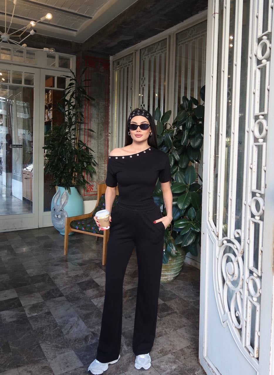 Kuş Gözlü Düşük Omuz Takım-Siyah SİYAH