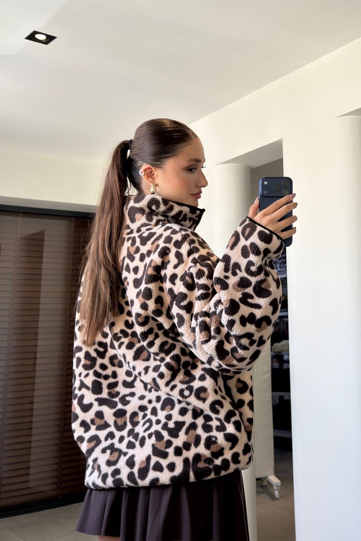 Leopar - Yarım Fermuar Leopar Desen Sweat LEOPAR