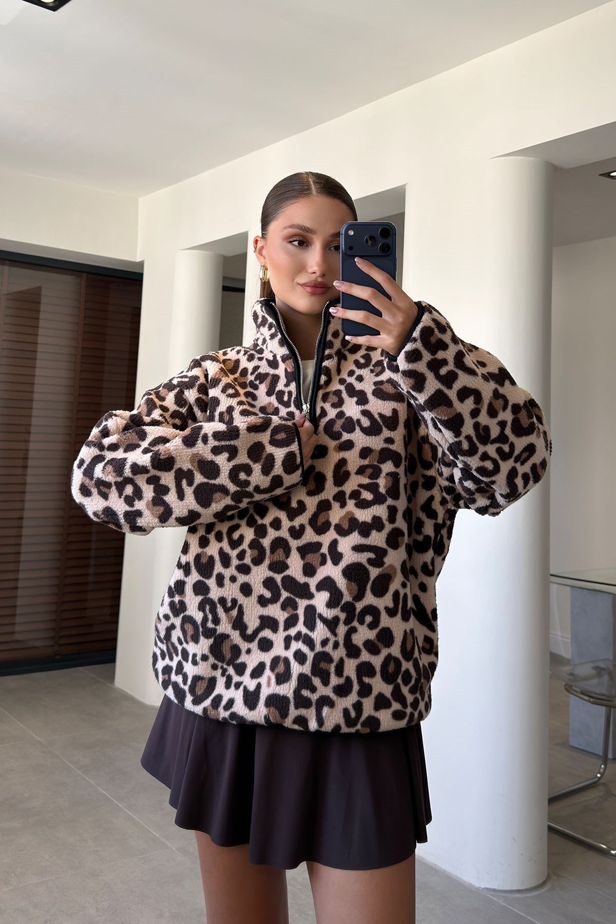 Leopar - Yarım Fermuar Leopar Desen Sweat LEOPAR