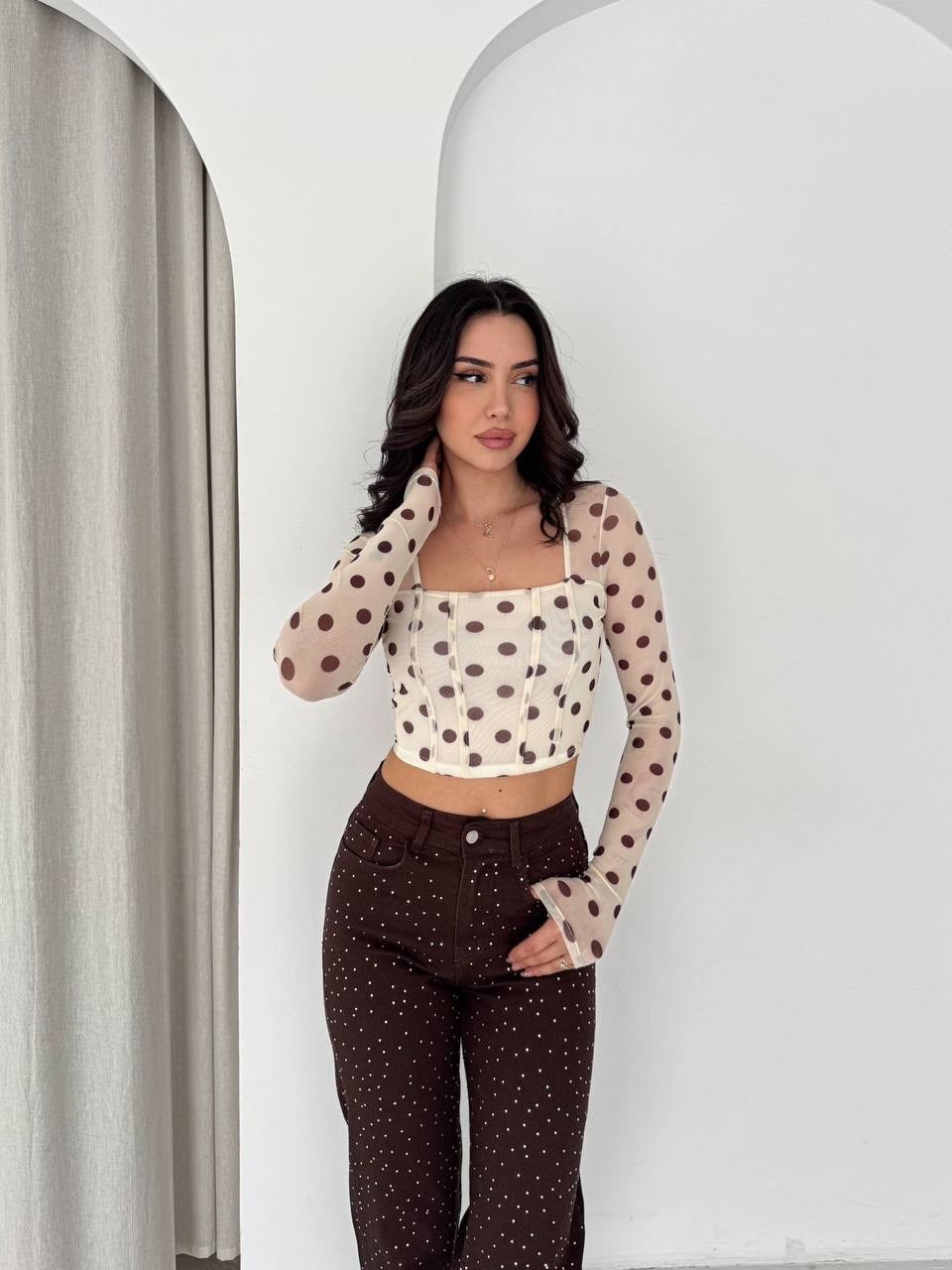 Noa Noa Tül  Puantiyeli Kare Yaka Bluz- Acı Kahve Acı Kahve