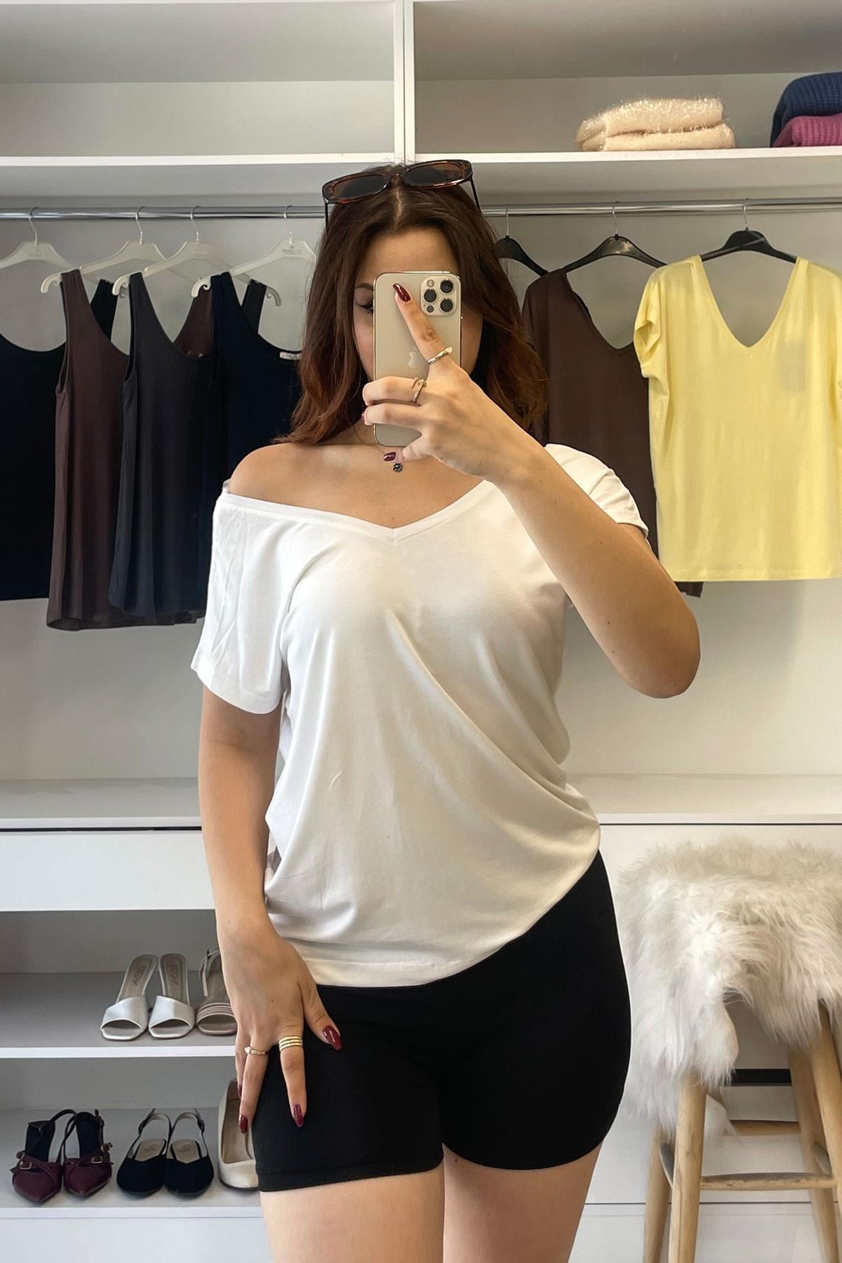 Ön Arka V Yaka Basic T-Shırt - Ekru EKRU