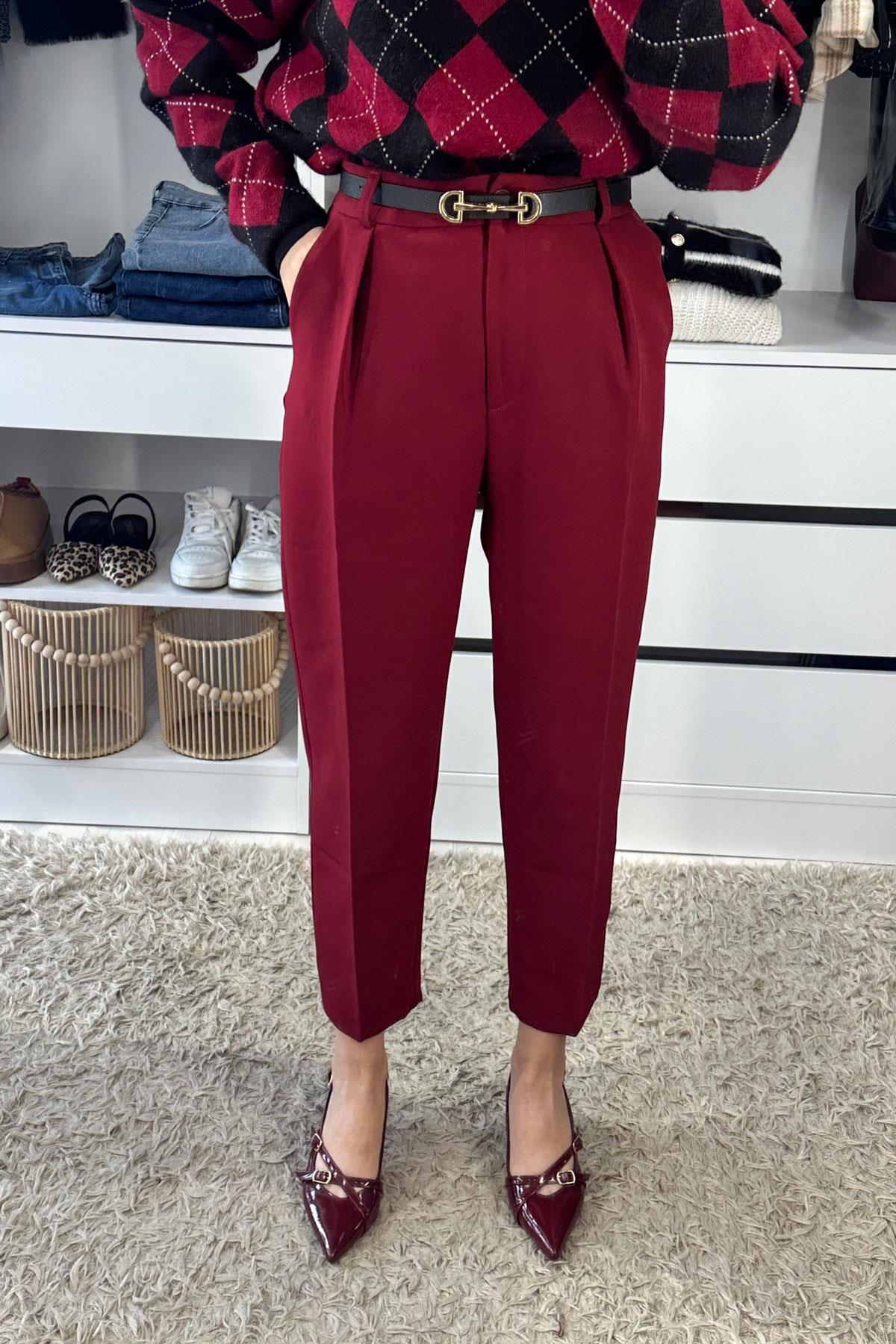 Paça Yırtmaç Detay Boru Paça Kumaş Pantolon - Bordo BORDO