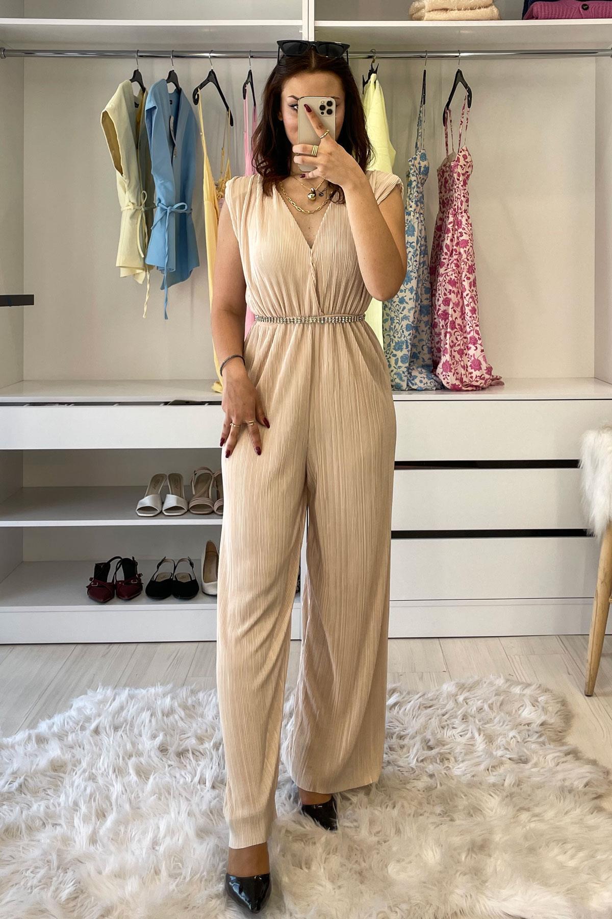 Piliseli Omuz Vatkalı Tulum -Bej BEJ