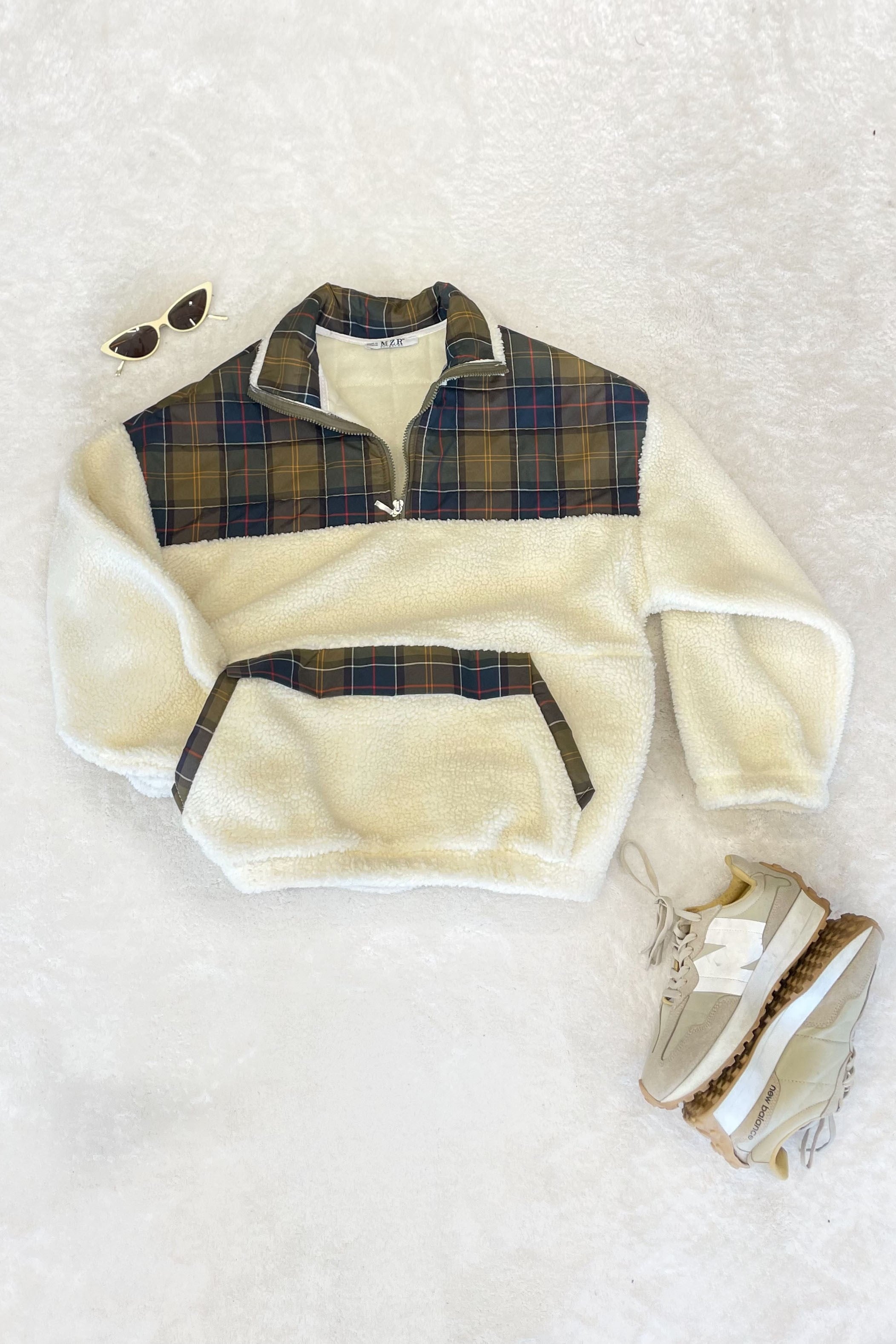 Renkli Ekose Detay Peluş Sweat - Ekru/Yeşil Ekru/Yeşil