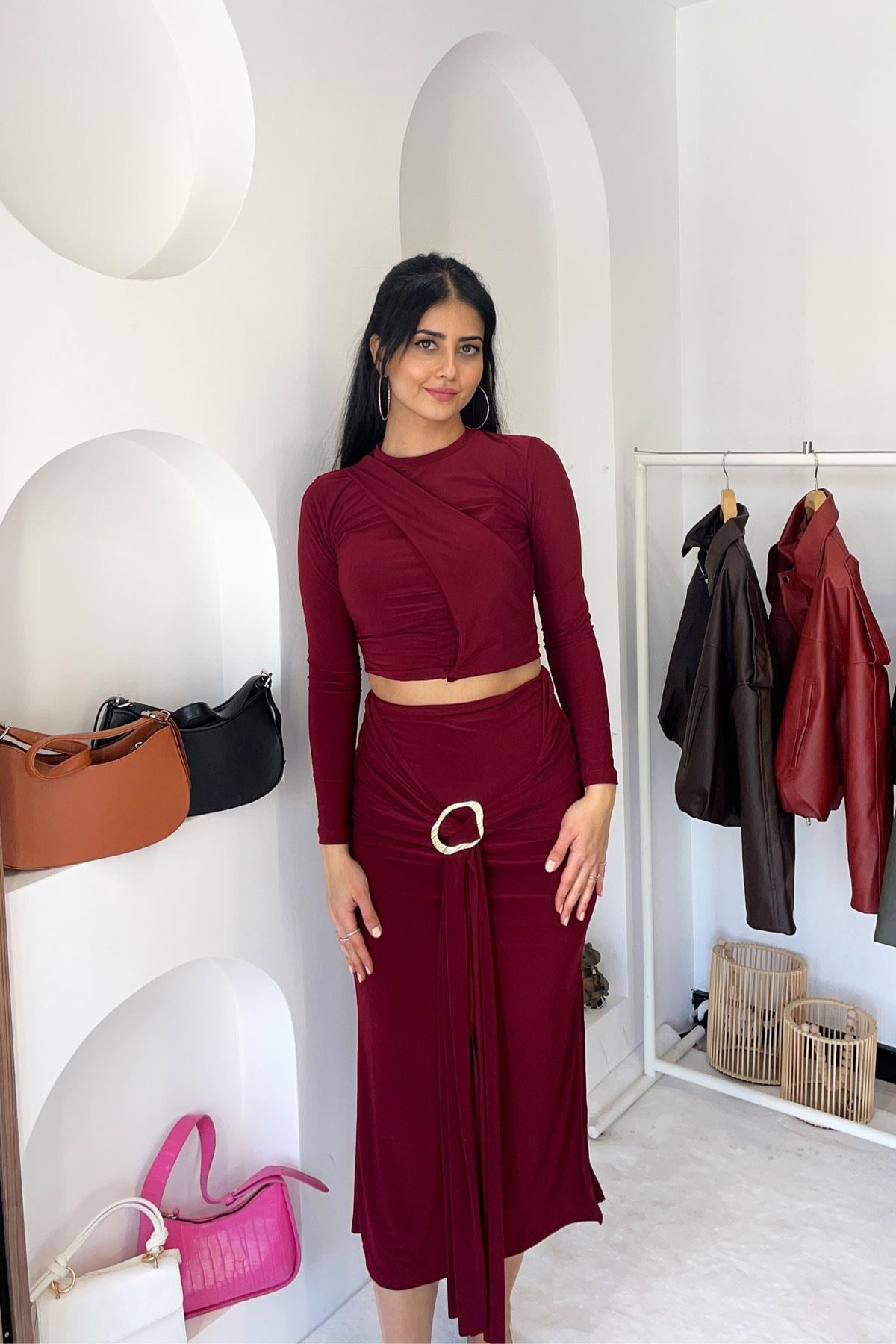 Sandy Gold Tokalı Etekli Takım - Bordo BORDO