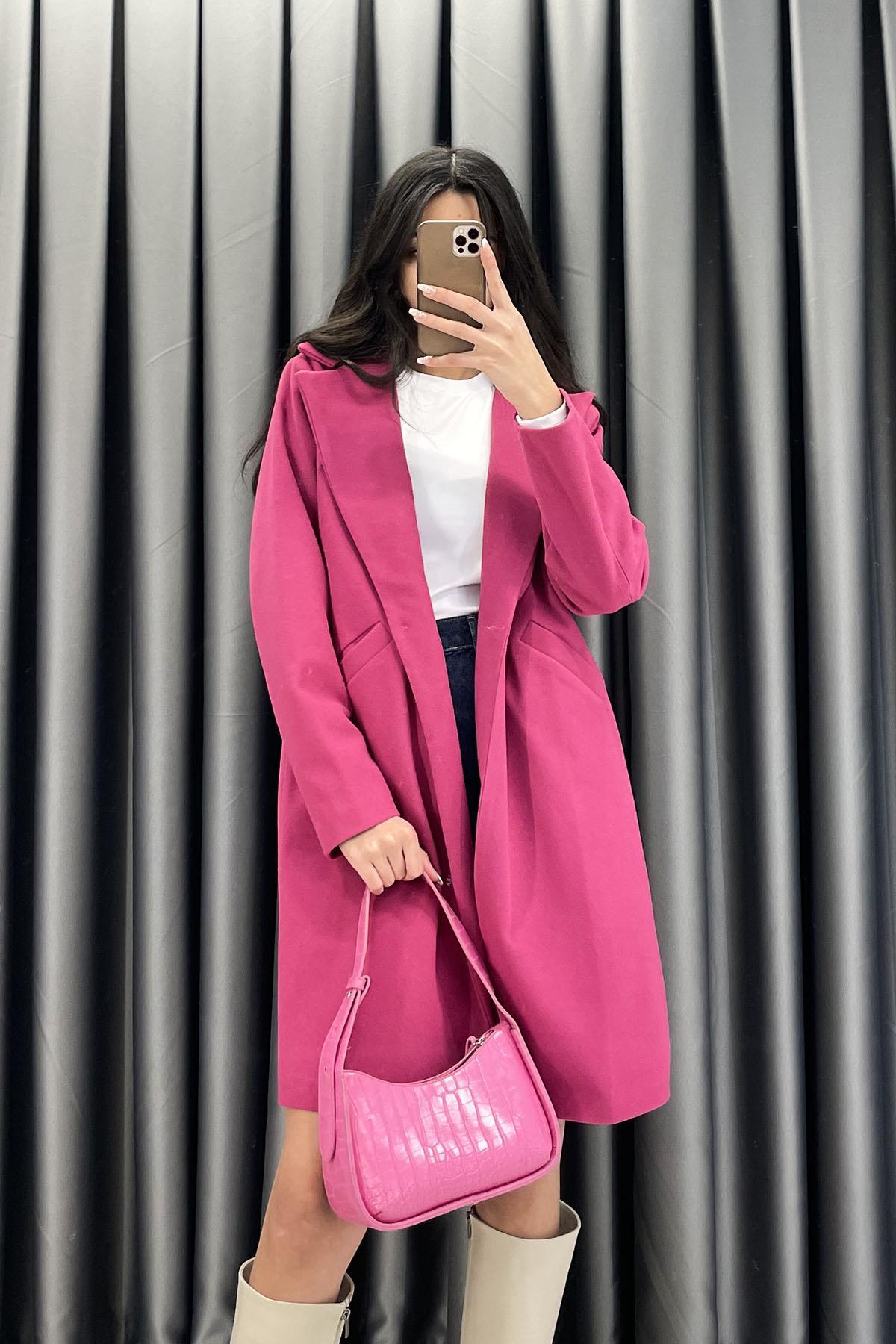 Tek Düğme Detay Kaşe Kaban - Pembe PEMBE