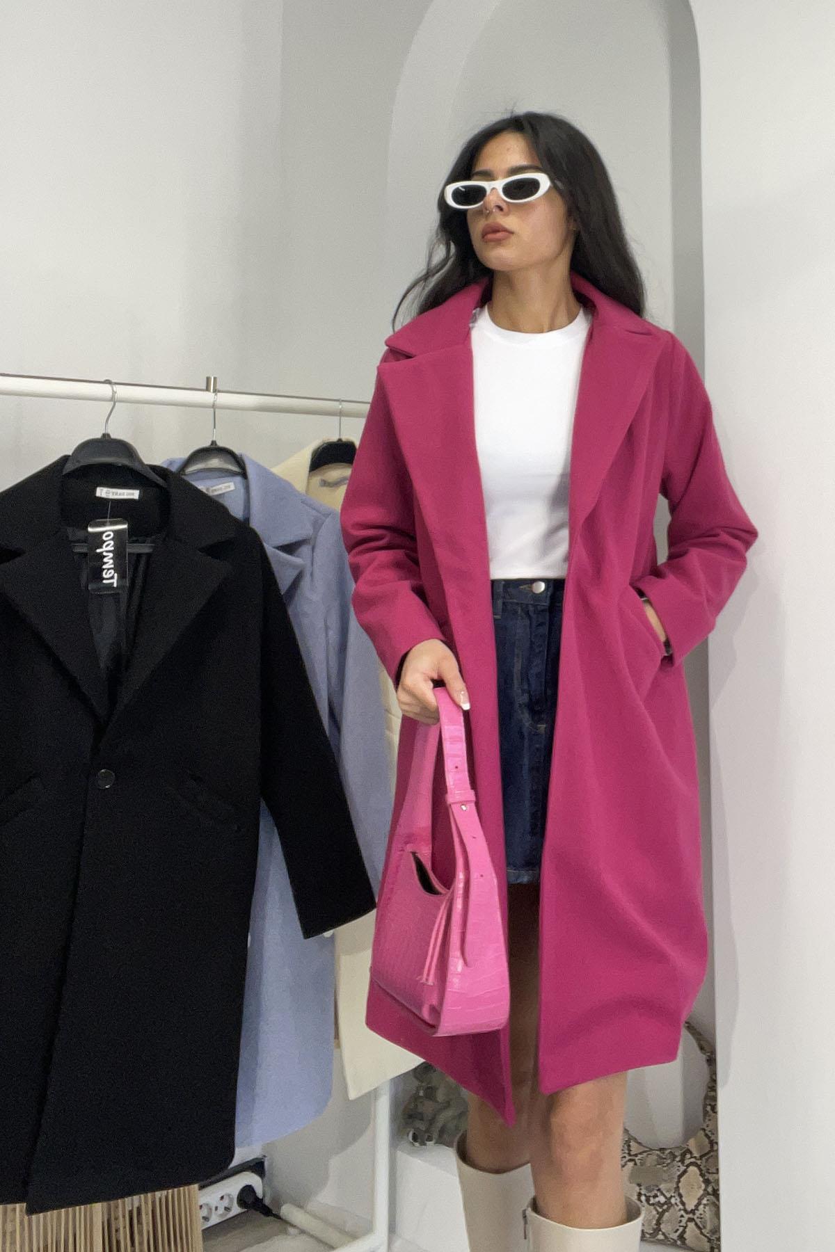 Tek Düğme Detay Kaşe Kaban - Pembe PEMBE