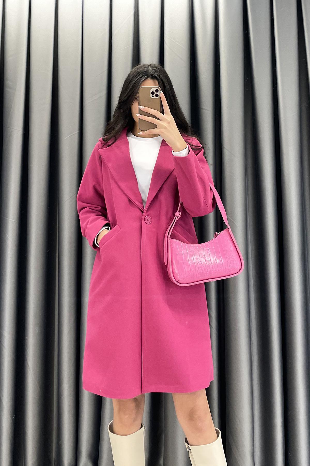 Tek Düğme Detay Kaşe Kaban - Pembe PEMBE