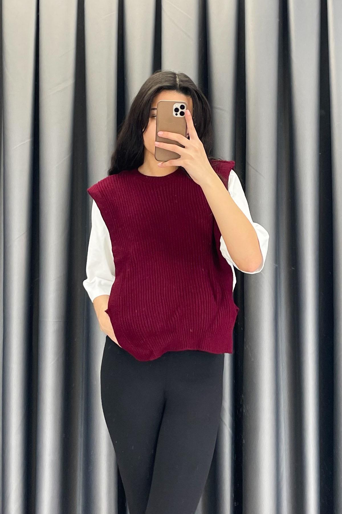 Triko Süveter Detaylı İkili Tshirt Takım - Bordo BORDO