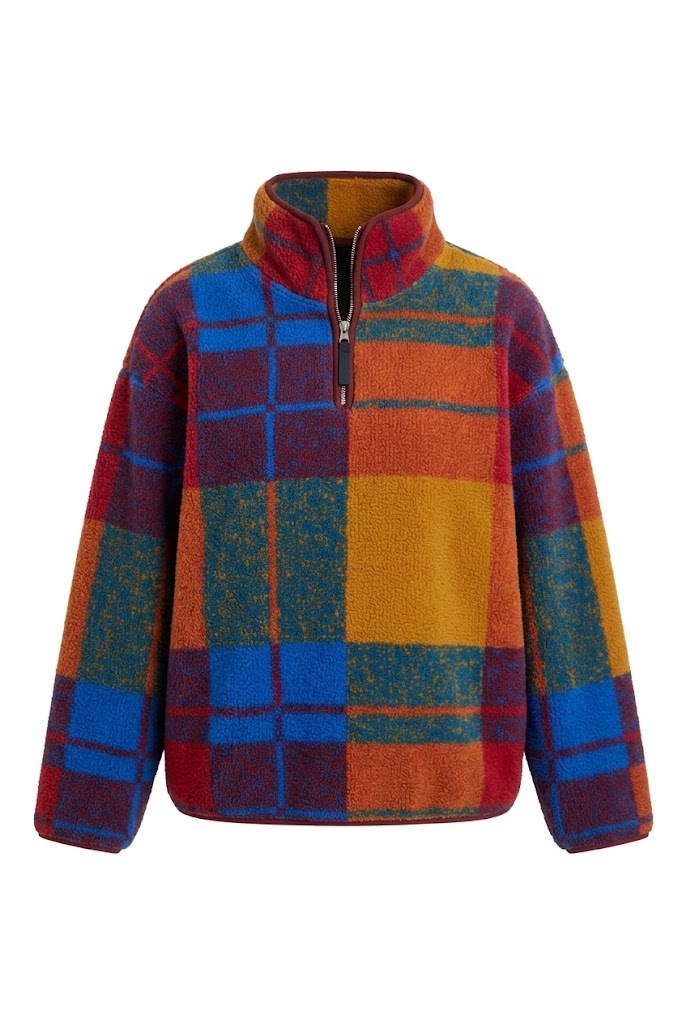 Turuncu - Yarım Fermuar Ekose Desenli Sweat Turuncu