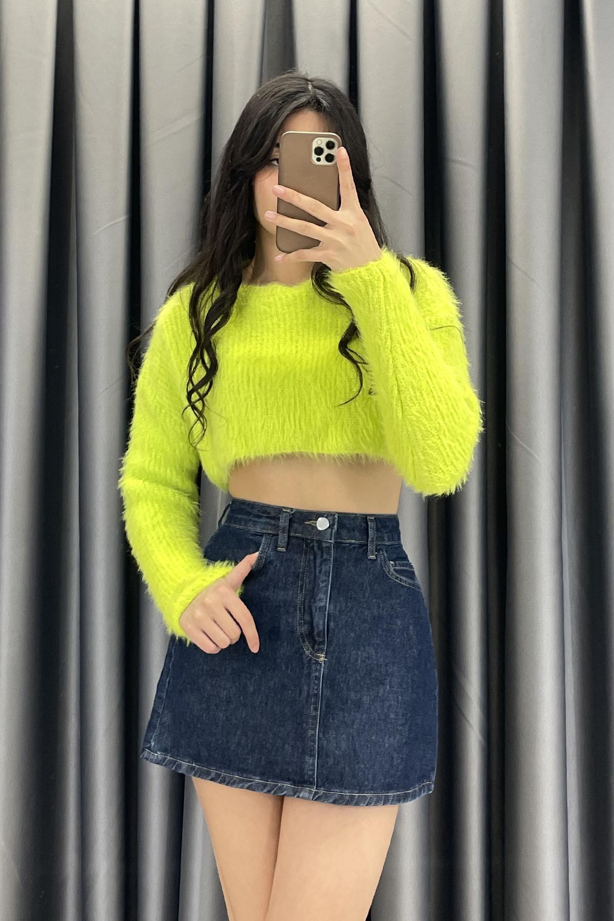 Uzun Kol Sakallı Crop Kazak - Neon Yeşil NEON YEŞİL