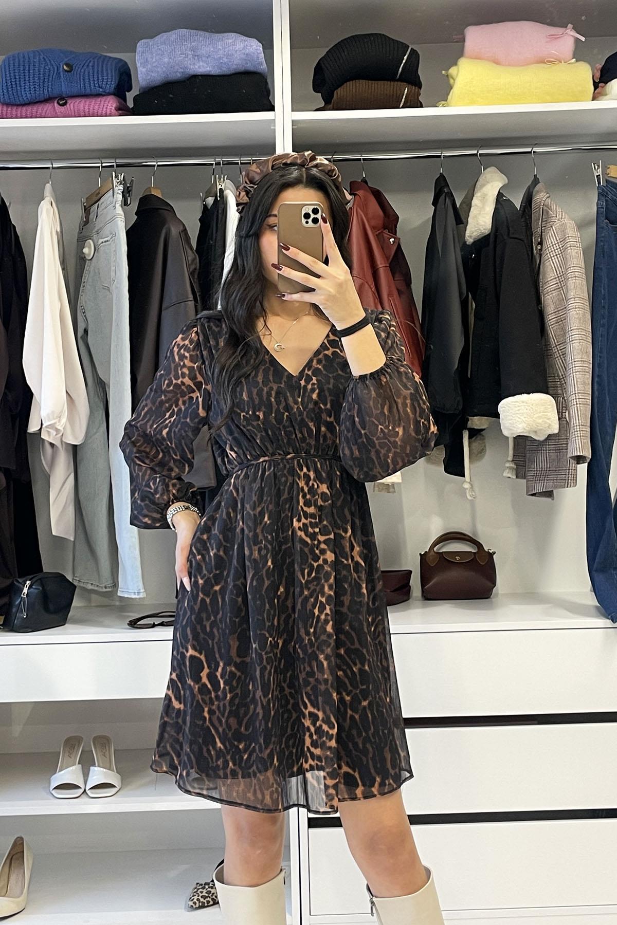 V Yaka Bağcıklı Şifon Elbise - Leopar LEOPAR