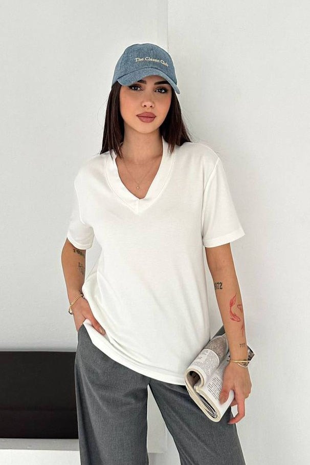 V Yaka Basic T-Shırt-Ekru EKRU