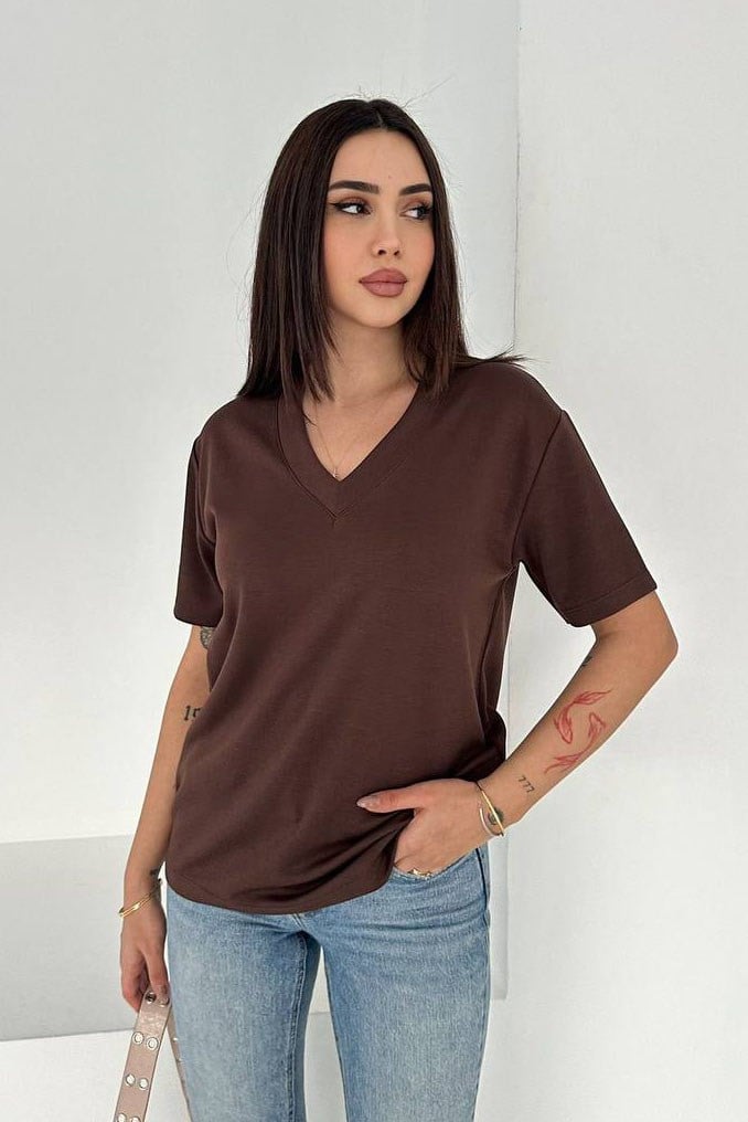 V Yaka Basic T-Shırt-Kahve KAHVE