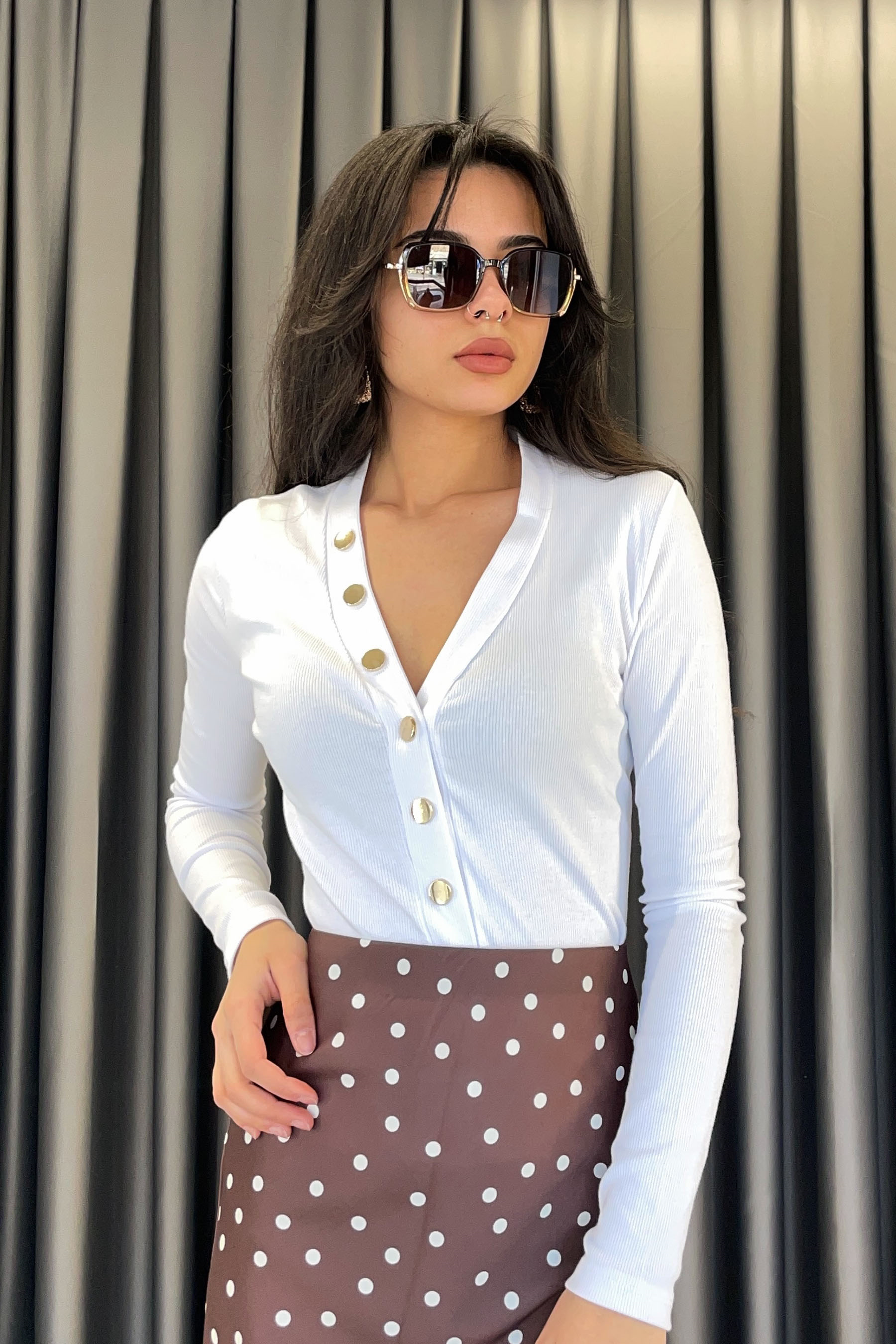 V Yaka Çıtçıtlı Hırka-Beyaz BEYAZ