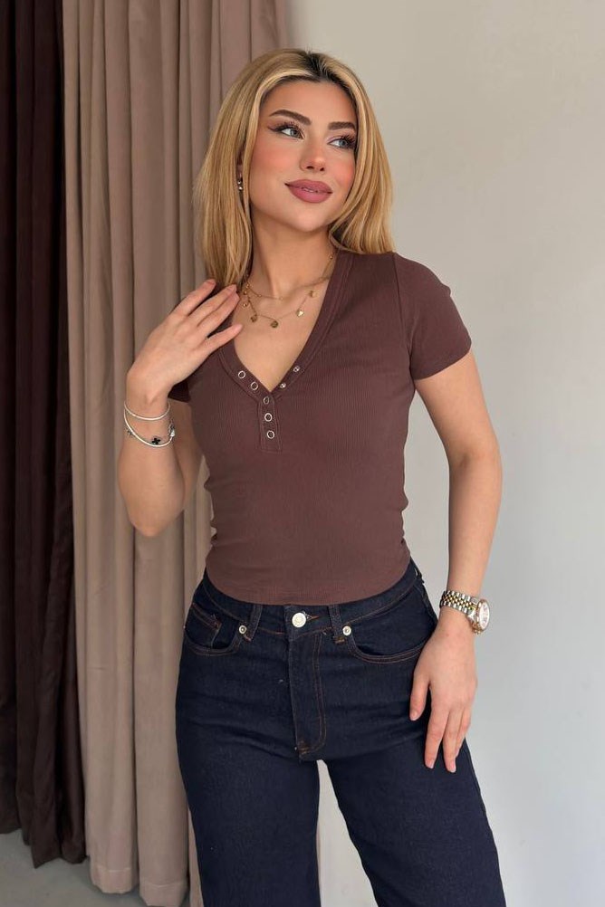 V Yaka Çıtçıtlı Kaşkorse Crop-Mocha Mocha