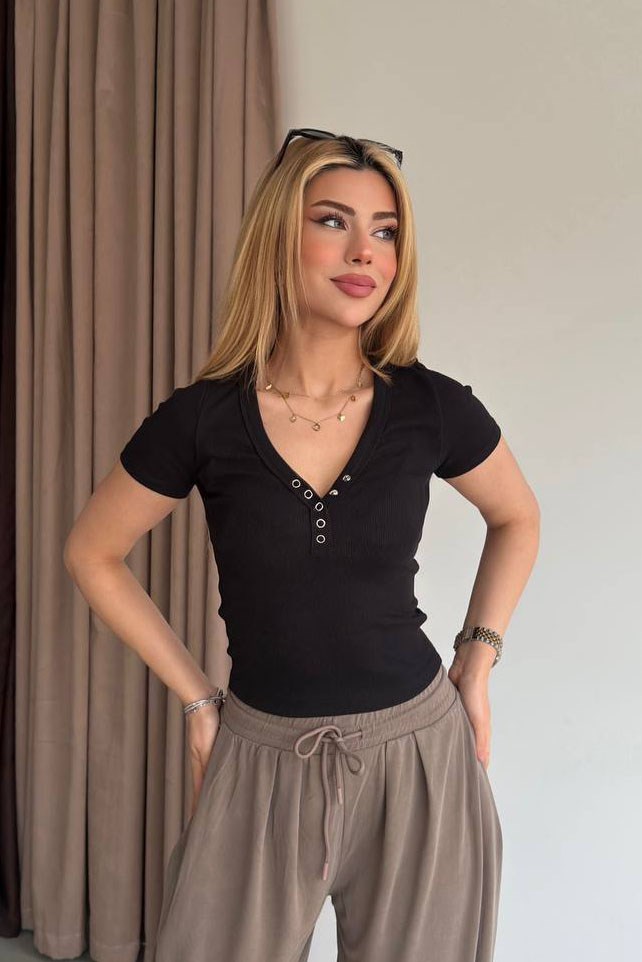 V Yaka Çıtçıtlı Kaşkorse Crop-Siyah SİYAH