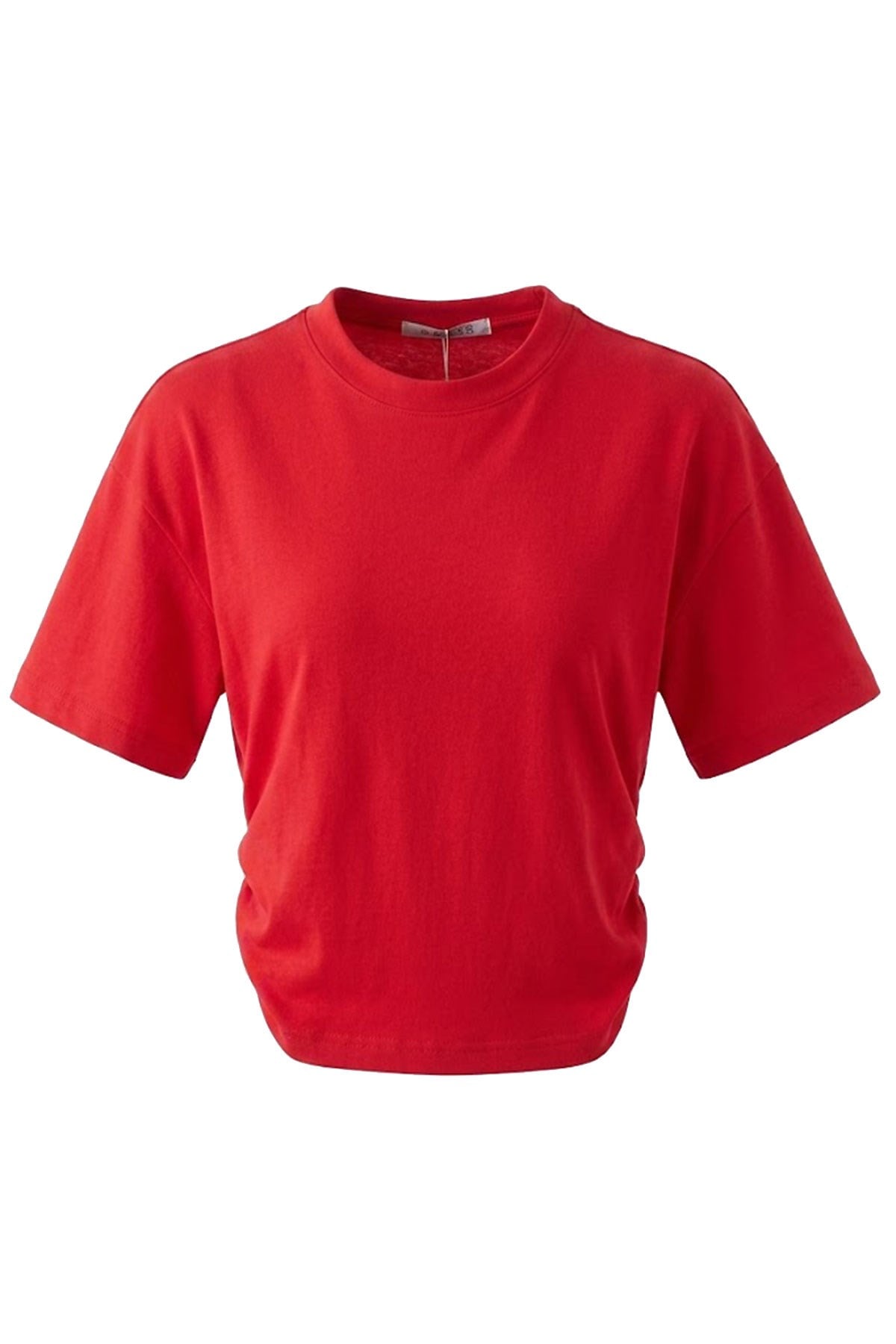 Yan Büzgü Detay Bisiklet Yaka T-shirt KIRMIZI