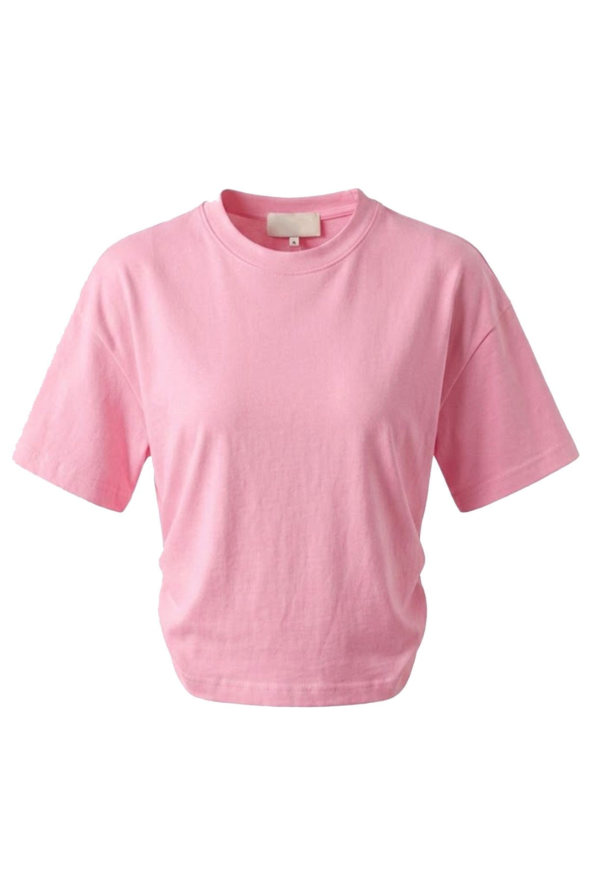 Yan Büzgü Detay Bisiklet Yaka T-shirt PEMBE