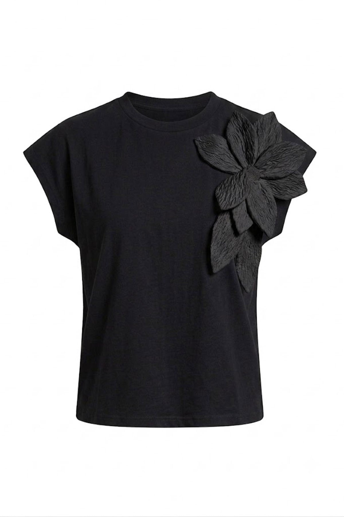 Yarım Kol Çiçek Kabartmalı T-shirt SİYAH