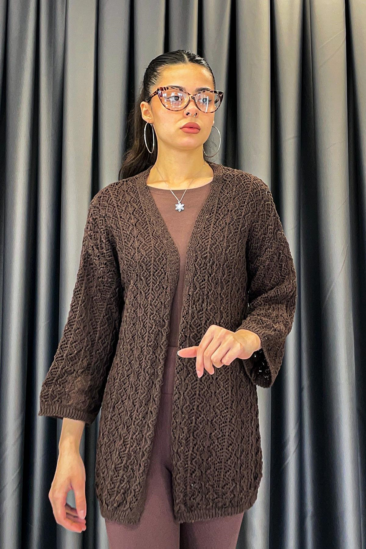 Zikzak Örgü Model Yarım Kol Hırka - Kahve KAHVE