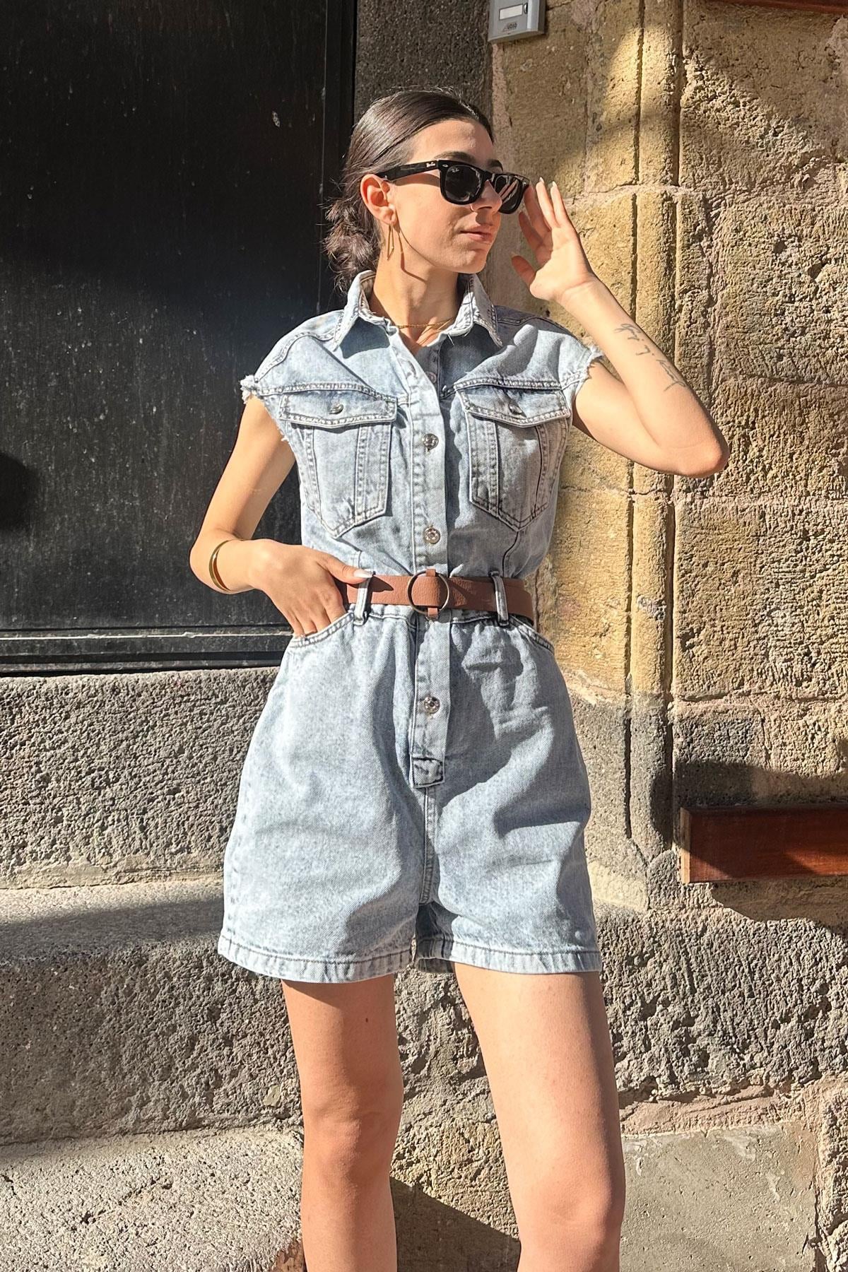 Zımba Detay İşleme Kot Tulum - Açık Mavi AÇIK MAVİ