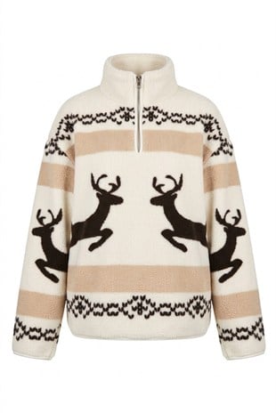 Bej - Yarım Fermuar Ceylan Desenli Sweat BEJ