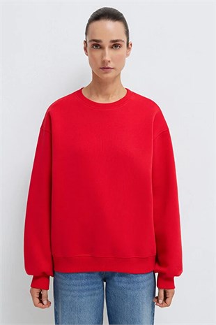 Bisiklet Yaka Basic Sweat - Kırmızı KIRMIZI