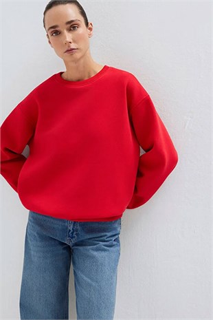 Bisiklet Yaka Basic Sweat - Kırmızı KIRMIZI
