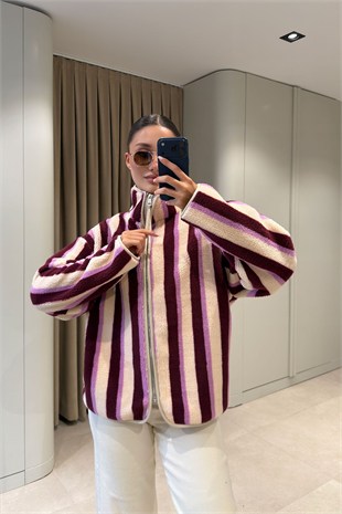Bordo - Dik Çizgi Detay Fermuarlı Ceket BORDO