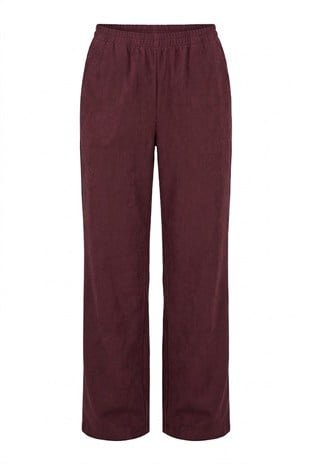 Bordo -  Dokuma Kumaş Bel Lastikli Bol Paça Pantolon BORDO