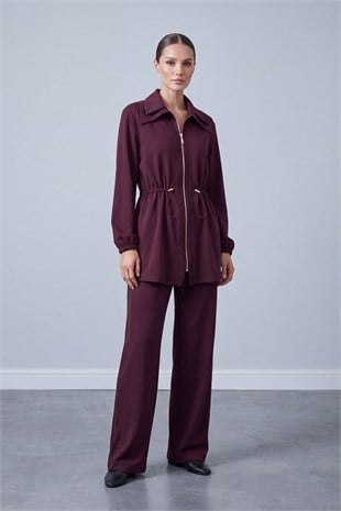 Bordo - Yaka Ve Boydan Taş İşleme Ceket BORDO