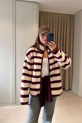 Bordo/Ekru - Yan Çizgi Fermuarlı Ceket Bordo/Ekru