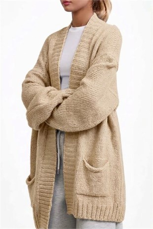 Cepli Oversize Hırka-Krem KREM