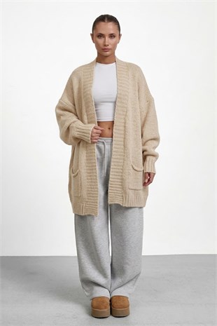 Cepli Oversize Hırka-Krem KREM