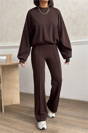 Çımalı Pantolon Detay Crop Takım - Acı Kahve Acı Kahve
