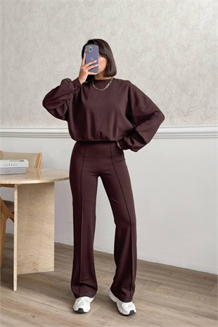 Çımalı Pantolon Detay Crop Takım - Acı Kahve Acı Kahve