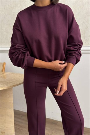 Çımalı Pantolon Detay Crop Takım - Mürdüm MÜRDÜM