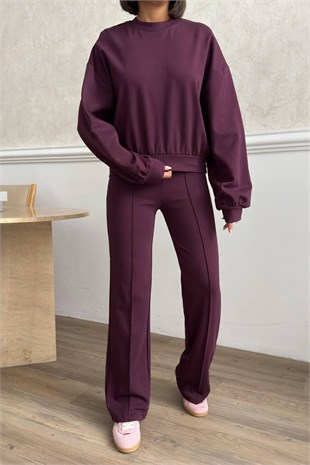 Çımalı Pantolon Detay Crop Takım - Mürdüm MÜRDÜM