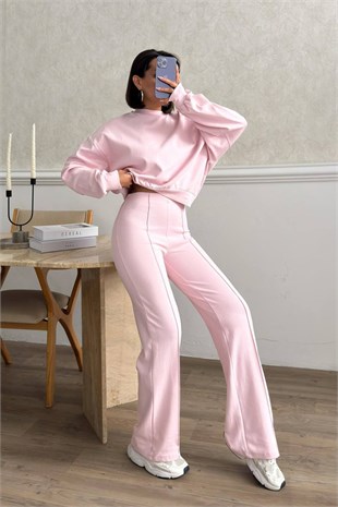 Çımalı Pantolon Detay Crop Takım - Pembe PEMBE