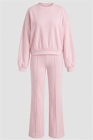Çımalı Pantolon Detay Crop Takım - Pembe PEMBE