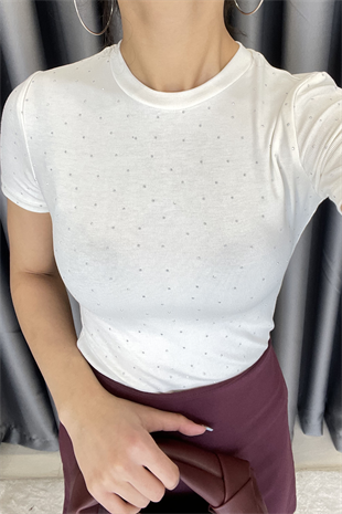 CREP Serpme Taşlı Kısa Kol T-shirt-Ekru EKRU