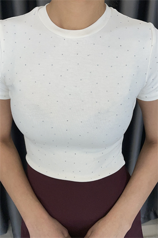 CREP Serpme Taşlı Kısa Kol T-shirt-Ekru EKRU