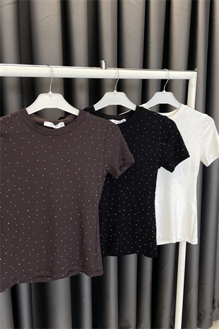 CREP Serpme Taşlı Kısa Kol T-shirt-Ekru EKRU