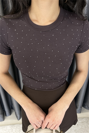 CREP Serpme Taşlı Kısa Kol T-shirt-Kahve KAHVE