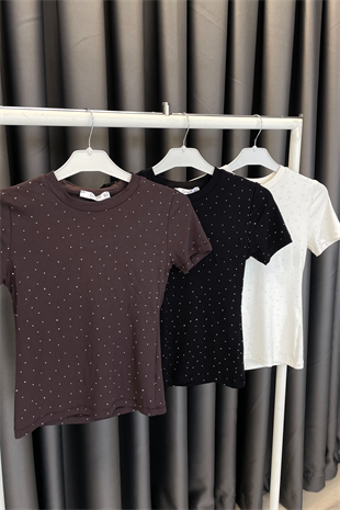 CREP Serpme Taşlı Kısa Kol T-shirt-Kahve KAHVE