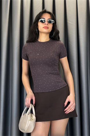 CREP Serpme Taşlı Kısa Kol T-shirt-Kahve KAHVE