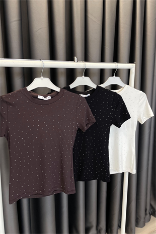 CREP Serpme Taşlı Kısa Kol T-shirt-Siyah SİYAH