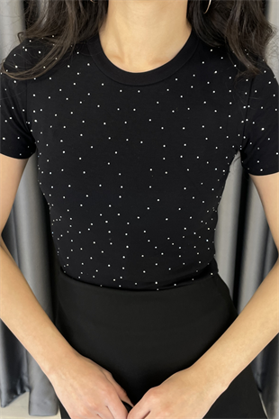 CREP Serpme Taşlı Kısa Kol T-shirt-Siyah SİYAH