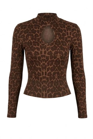 Damla Dekolteli Leopar Desen Bluz-Kahve KAHVE